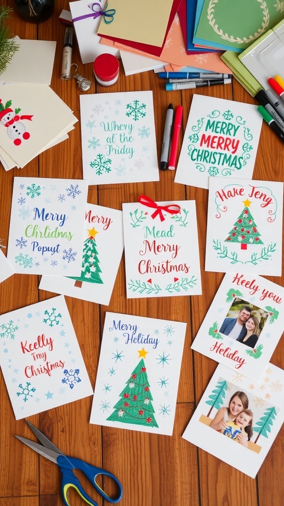 A variety of handmade Christmas cards with different designs on a crafting table.